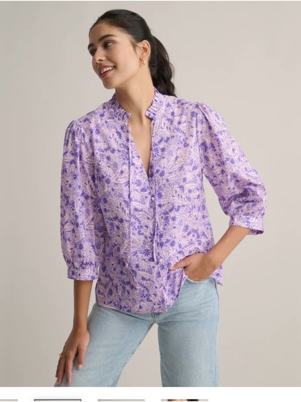 Untuckit Charlie Purple Floral Top 3/4 Sleeve S V-Neck Flowy Spring Ethereal